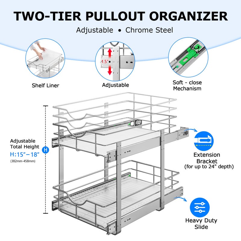 WelFurGeer 2-Tier Kitchen Cabinet Pullout Shelf and Drawer Organizer, Soft Close Pantry Pull Out Shelves, Heavy Duty Pull Out Cabinet Organizer with Shelf Liner for Kitchen Cabinets, Pantry Storage - Image 4