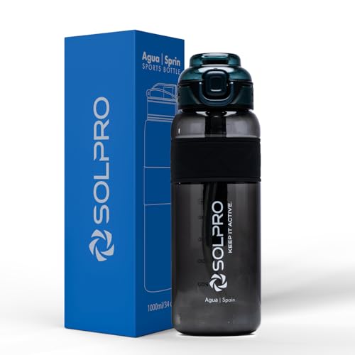 Solpro Agua Spain Sipper Water Bottle 1000 ml Leakproof BPA Free, Sipper Bottle for Kids, Men, Women, Adults for School, Office, College, Travel, Gym, Workout, Outdoor, Camping (Black/Alpine Green) - Image 1