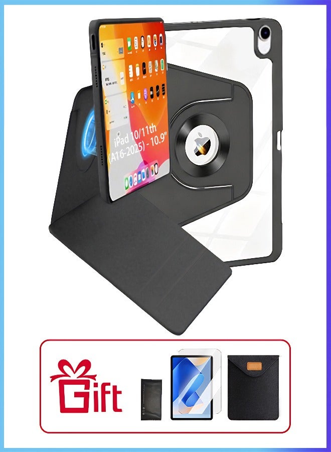 iPad 11th Generation Case (A16 2025) Case And iPad 10th 10.9 Inch Case, iPad Case 360 Degree Rotation With Pen Slot/Convenient Magnetic Attachment/Auto Sleep/Wake Slim Stand/Transparent Tpu Protective Case/AED 35 Gift Set Anti-Glare Protective Film/Felt Tablet Pouch - Black - Image 1