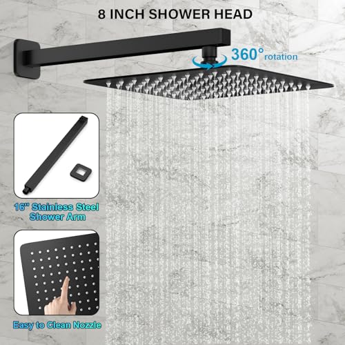 FPXRNG Black Shower Faucet Set, Rainfall Shower System with Square Shower Head and Handle Set, Wall Mounted Shower Fixtures, Full Metal Trim Repair Kit 8 inch Matte Black (With Shower Valve) - Image 4