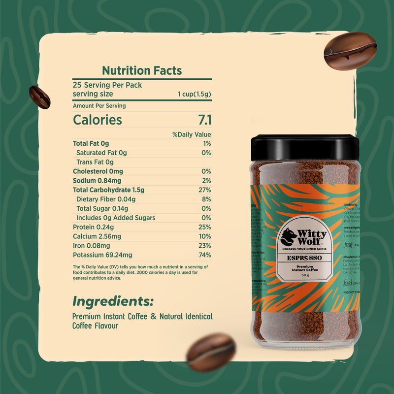 Witty Wolf Premium Espresso Flavour Instant Coffee (50 Gm) | Instant Flavored Coffee Powder | Hot And Cold Coffee | Cappuccino, Latte & Espresso - Image 3