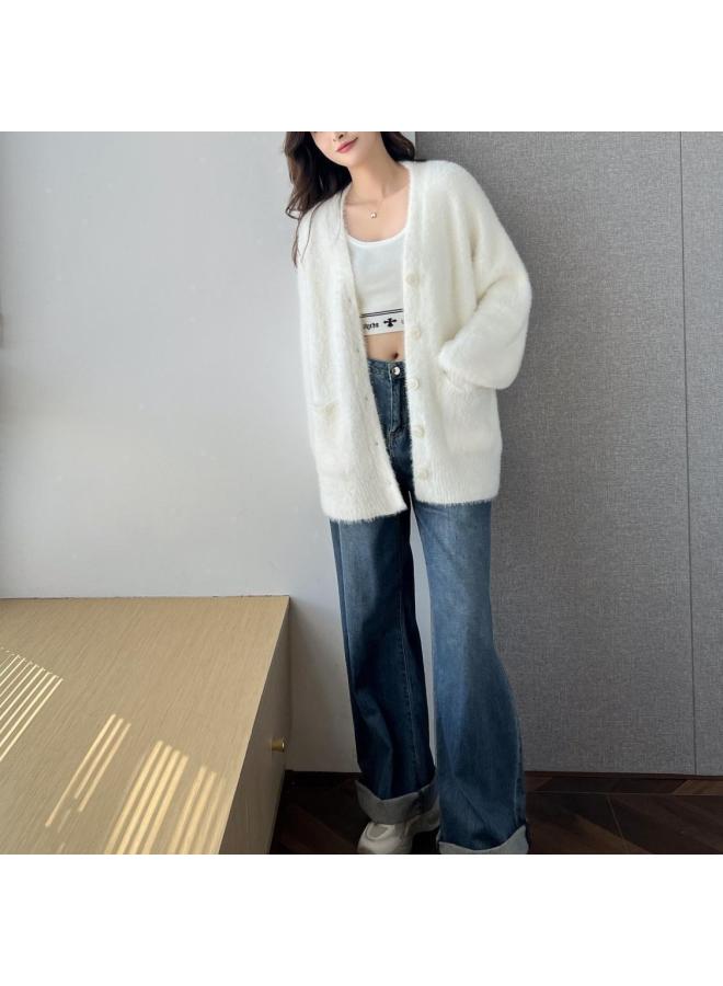 Leyuan Autumn And Winter Plus Size Faux Mink V-neck Knitted Cardigan Coat Loose Casual Women's Sweater - Image 1