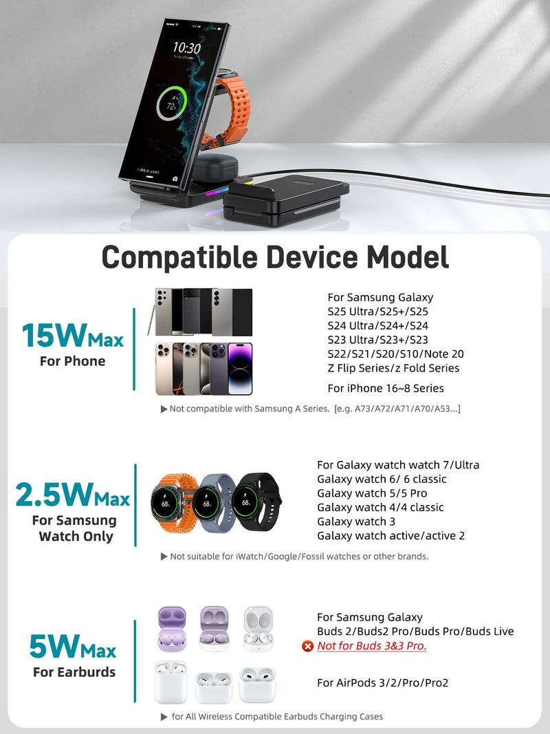 NeotrixQI Wireless Charger for Samsung, 3 in 1 Wireless Charging Station for Samsung Galaxy S25 Ultra/Z Fold7/Flip7/S24, Foldable Charger for Samsung Galaxy Watch 8/Ultra/7/6/5, Buds (Black) - Image 5