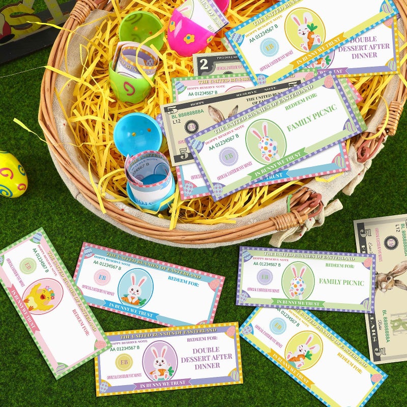 JULEASEL Easter Egg Fillers- Easter Bunny Play Bucks â€“ 100-Piece Bundle with 60 Redeemable Coupons, 30 Blank DIY Coupons & 10 Bunny Dollars â€“ Perfect for Easter Hunt Rewards & Family Fun Activities - Image 4