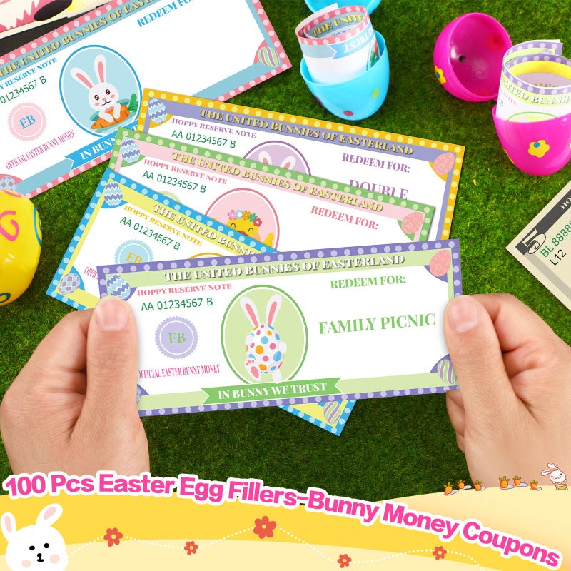 JULEASEL Easter Egg Fillers- Easter Bunny Play Bucks â€“ 100-Piece Bundle with 60 Redeemable Coupons, 30 Blank DIY Coupons & 10 Bunny Dollars â€“ Perfect for Easter Hunt Rewards & Family Fun Activities - Image 2