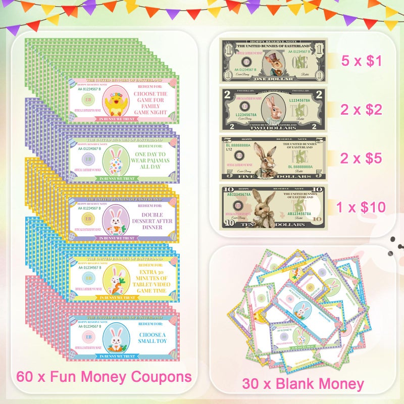 JULEASEL Easter Egg Fillers- Easter Bunny Play Bucks â€“ 100-Piece Bundle with 60 Redeemable Coupons, 30 Blank DIY Coupons & 10 Bunny Dollars â€“ Perfect for Easter Hunt Rewards & Family Fun Activities - Image 5