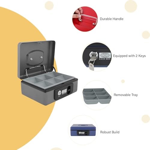 oddpod™ SR Taiwan Imported Metal Cash Box/Safe Locker Box for Jewellery, Money Box for Cash with Plastic Coin Storage Tray (Medium Size) - Red - Image 4