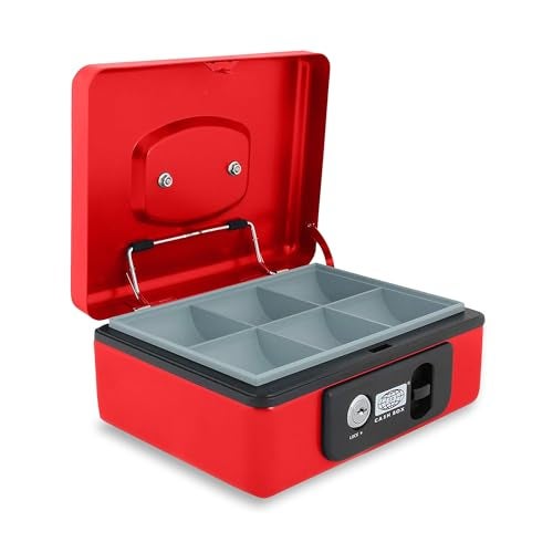 oddpod™ SR Taiwan Imported Metal Cash Box/Safe Locker Box for Jewellery, Money Box for Cash with Plastic Coin Storage Tray (Medium Size) - Red - Image 1