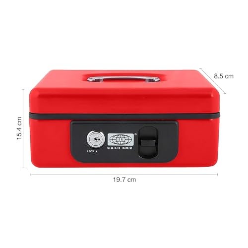 oddpod™ SR Taiwan Imported Metal Cash Box/Safe Locker Box for Jewellery, Money Box for Cash with Plastic Coin Storage Tray (Medium Size) - Red - Image 3