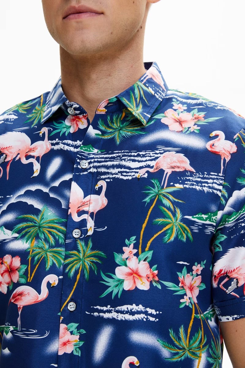 SSLR Mens Hawaiian Shirt Flamingos Casual Short Sleeve Button Down Shirts Aloha Shirt (Large, Navy) - Image 4