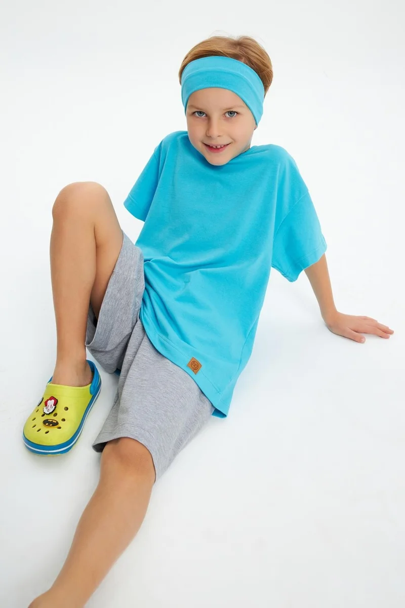 Babygiz Aqua-Aqua Boy's Cotton Combed Oversize Aqua T-Shirt Bandana Double Set