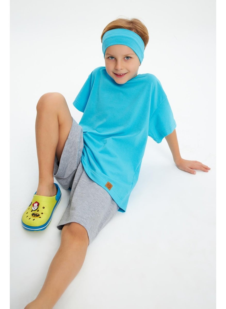Babygiz Aqua-Aqua Boy's Cotton Combed Oversize Aqua T-Shirt Bandana Double Set  - Image 4