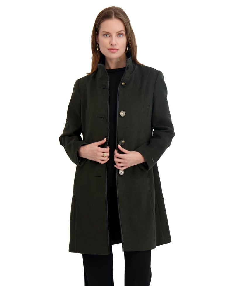 TAHARI Women's Slim Fit Wool Blend Walker Coat with PU Trim, Stretch Lining & Front Button Closure, Olive, Medium - Image 1