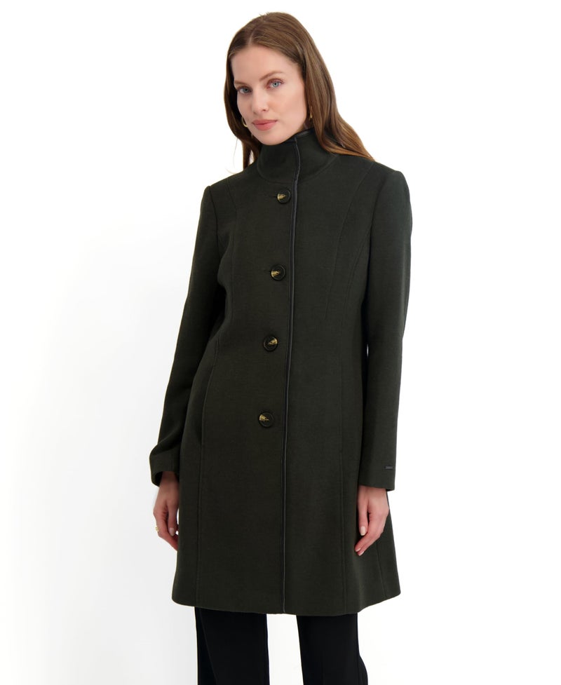 TAHARI Women's Slim Fit Wool Blend Walker Coat with PU Trim, Stretch Lining & Front Button Closure, Olive, Medium - Image 2
