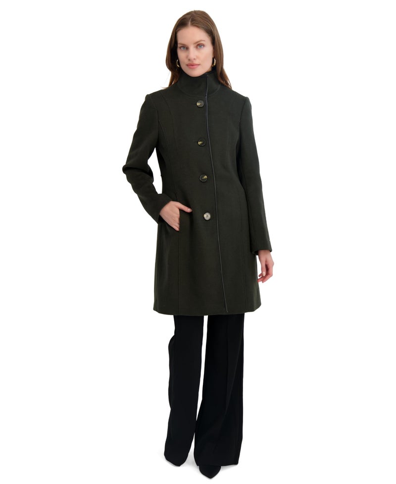 TAHARI Women's Slim Fit Wool Blend Walker Coat with PU Trim, Stretch Lining & Front Button Closure, Olive, Medium - Image 3