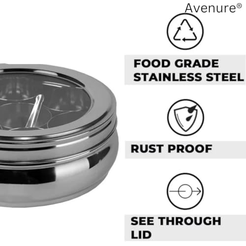Avenure Masala Dabba Masala Container Spice Box Spice Containers for Kitchen Storage Masala Box Masala Box Steel Spices Container for Kitchen Spices Box | 1300 ML, Silver - Image 5