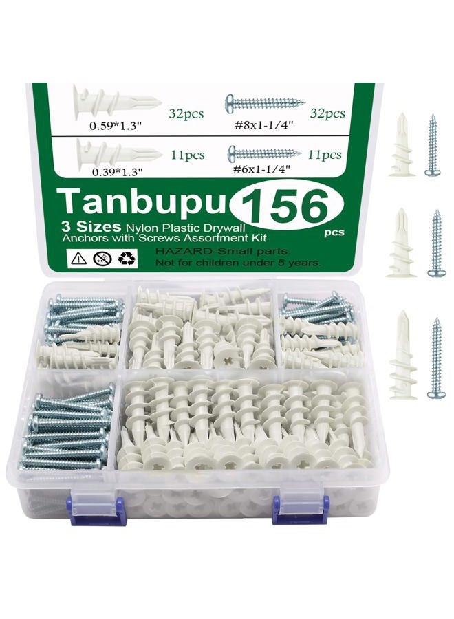 Tanbupu 156 قطعة من مثبتات الجدران ذاتية الحفر والمسامير للجدران الجافة، 3 أحجام من مثبتات الجدران البلاستيكية النايلون، 13X42 مم، 15X33 مم، 10X33 مم، لا حاجة للتحضير المسبق للحفر - Image 1