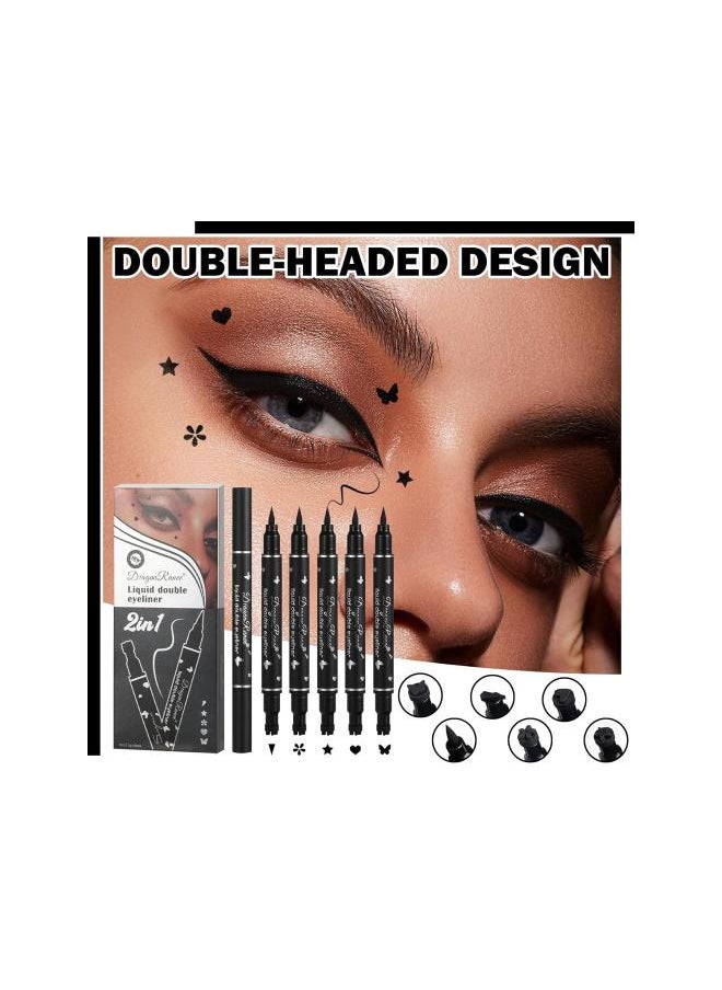 Generic - 5PCS Black Liquid Eyeliner Stamps Set,Double-side Winged Eyeliner Stencil Pen,Waterproof Long Lasting Eye Liners Stamp Eyeliner Pencil Tattoo Makeup Tools with Heart,Flower,Star,Butterfly,Cone Shapes - Image 1