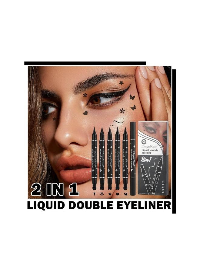 Generic - 5PCS Black Liquid Eyeliner Stamps Set,Double-side Winged Eyeliner Stencil Pen,Waterproof Long Lasting Eye Liners Stamp Eyeliner Pencil Tattoo Makeup Tools with Heart,Flower,Star,Butterfly,Cone Shapes - Image 1