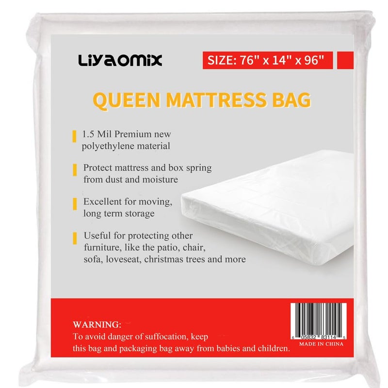 Liyaomix Liyaomix Full XLQueen Mattress Bag for Moving and Storage 15 Mil 76 x 96 Clear Plastic Disposal Mattress Bag Cover 