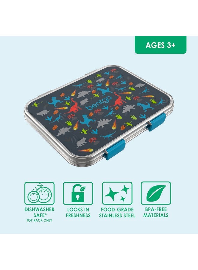 بنتجو صندوق غداء Bentgo Kids المقاوم للتسرب والمصنوع من الفولاذ المقاوم للصدأ بطبعات - 3 أقسام مع حاوية سيليكون إضافية، متين، صديق للبيئة، آمن للاستخدام في غسالة الأطباق، خالٍ من مادة BPA، مثالي للمدرسة، للأعمار من 3 سنوات فما فوق (ديناصور) - Image 3