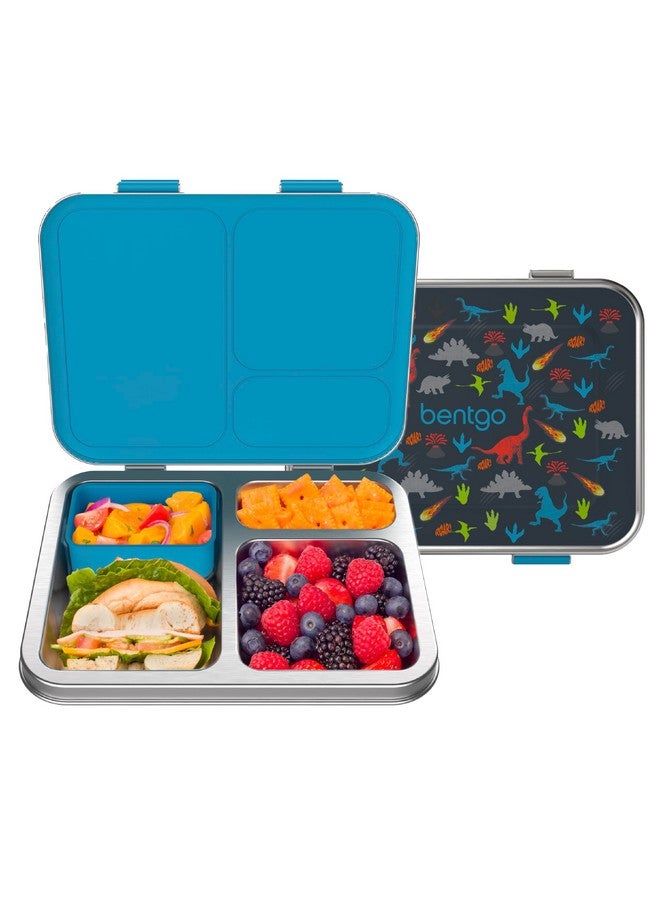 بنتجو صندوق غداء Bentgo Kids المقاوم للتسرب والمصنوع من الفولاذ المقاوم للصدأ بطبعات - 3 أقسام مع حاوية سيليكون إضافية، متين، صديق للبيئة، آمن للاستخدام في غسالة الأطباق، خالٍ من مادة BPA، مثالي للمدرسة، للأعمار من 3 سنوات فما فوق (ديناصور) - Image 1