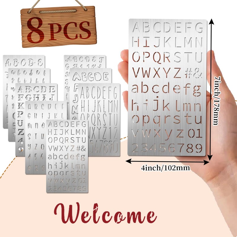 Eageus 8 Pcs Metal Letter Stencils Wood Burning Stencil Lettering Stencils, Small Reusable Alphabet Painting Template for Carving Drawing Engraving Journal Pyrography Craft(Letter Style) - Image 2