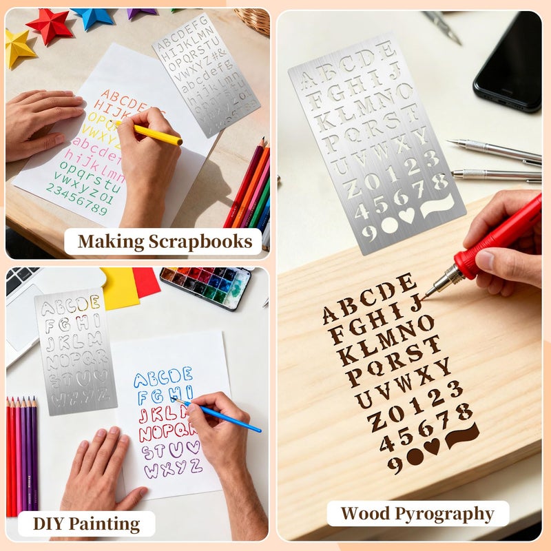 Eageus 8 Pcs Metal Letter Stencils Wood Burning Stencil Lettering Stencils, Small Reusable Alphabet Painting Template for Carving Drawing Engraving Journal Pyrography Craft(Letter Style) - Image 4
