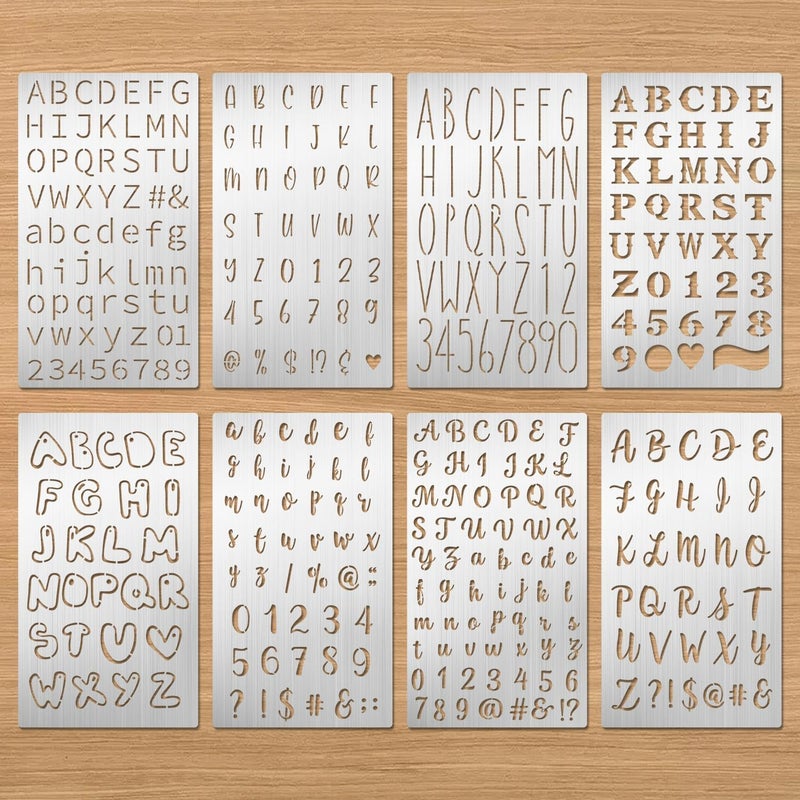 Eageus 8 Pcs Metal Letter Stencils Wood Burning Stencil Lettering Stencils, Small Reusable Alphabet Painting Template for Carving Drawing Engraving Journal Pyrography Craft(Letter Style) - Image 1
