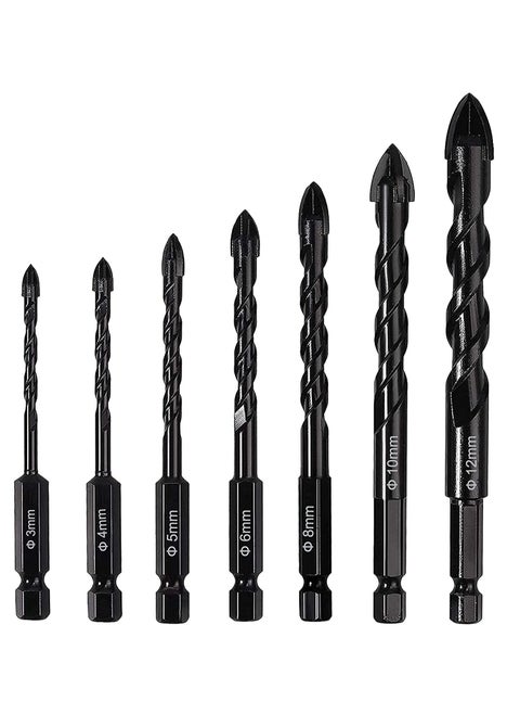 7Pcs Drill Bits Concrete Drill Bit Set Cross Carbide Tipped Drill Bits for Drilling Brick Tile Concrete Plastic and Wood Ceramic Tile 3 4 5 6 8 10 12mm