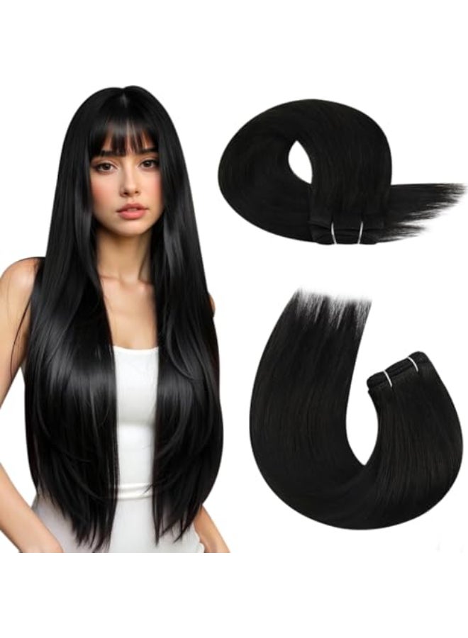 Moresoo Black Sew in Hair Extensions Real Human Hair for Natural Black Weft Hair Extensions Human Hair 24 inch Straight Remy 100gPack - Image 1