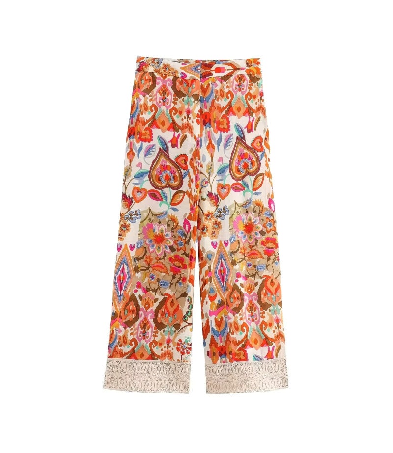 European and American Summer New Lace Printed Long Sleeve Top High Waist Wide Leg Pants Womens 3564021 3564106 trousers - Image 1