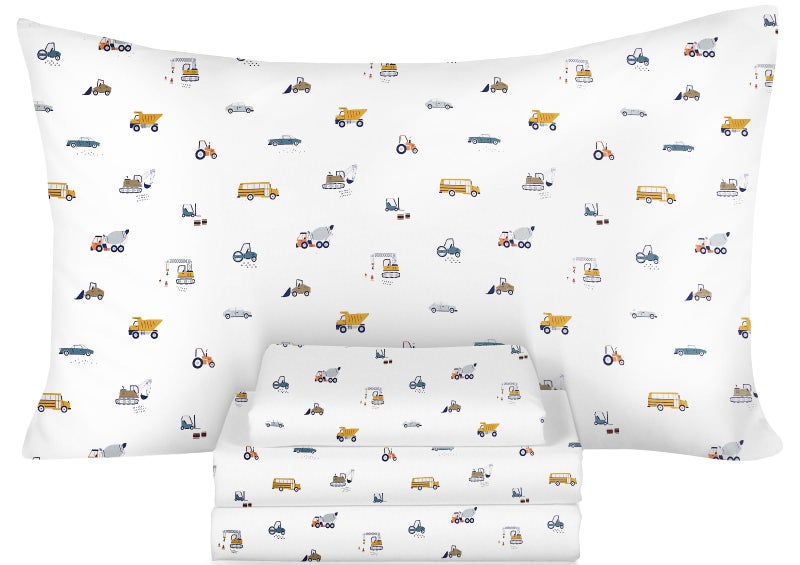 Ivellow 100% Cotton Sheets Queen Size Set 4 Pieces Soft Breathable Durable Lightweight Crispy Percale Bed Sheets 16" Deep Pocket Excavator Car Patterned Sheets White Kids Queen Sheet Set - Image 1