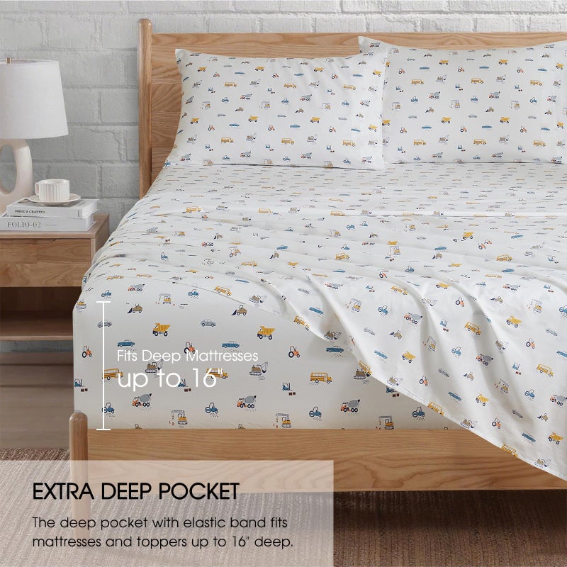 Ivellow 100% Cotton Sheets Queen Size Set 4 Pieces Soft Breathable Durable Lightweight Crispy Percale Bed Sheets 16" Deep Pocket Excavator Car Patterned Sheets White Kids Queen Sheet Set - Image 4