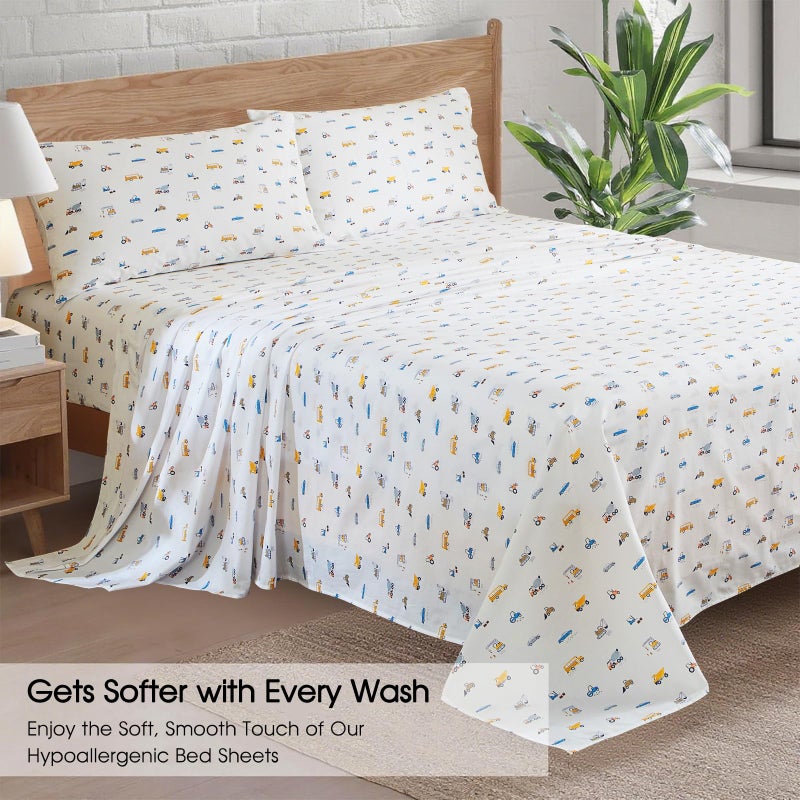 Ivellow 100% Cotton Sheets Queen Size Set 4 Pieces Soft Breathable Durable Lightweight Crispy Percale Bed Sheets 16" Deep Pocket Excavator Car Patterned Sheets White Kids Queen Sheet Set - Image 5