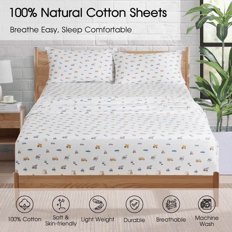 Ivellow 100% Cotton Sheets Queen Size Set 4 Pieces Soft Breathable Durable Lightweight Crispy Percale Bed Sheets 16" Deep Pocket Excavator Car Patterned Sheets White Kids Queen Sheet Set - Image 2