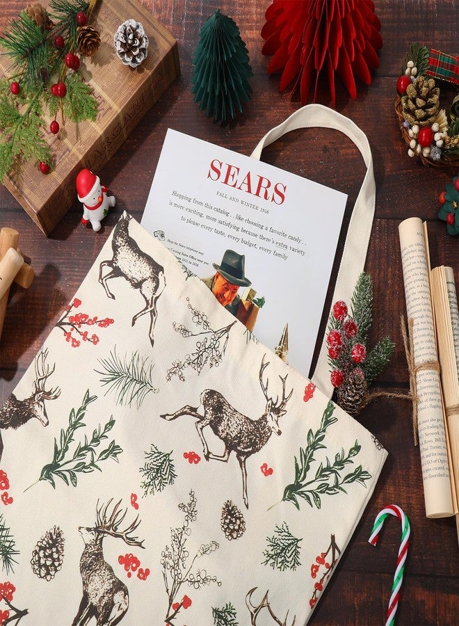 وولاين حقائب تسوق قماشية من Whaline بتصميمات مستوحاة من عيد الميلاد، مزينة برسومات الأيل، ومخاريط الصنوبر، والإبر، والأغصان، والتوت. حقيبة تسوق قابلة لإعادة الاستخدام، مثالية لتغليف وتخزين الهدايا. - Image 3