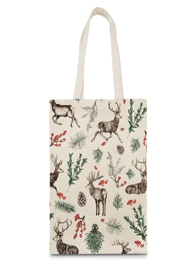 وولاين حقائب تسوق قماشية من Whaline بتصميمات مستوحاة من عيد الميلاد، مزينة برسومات الأيل، ومخاريط الصنوبر، والإبر، والأغصان، والتوت. حقيبة تسوق قابلة لإعادة الاستخدام، مثالية لتغليف وتخزين الهدايا. - Image 1