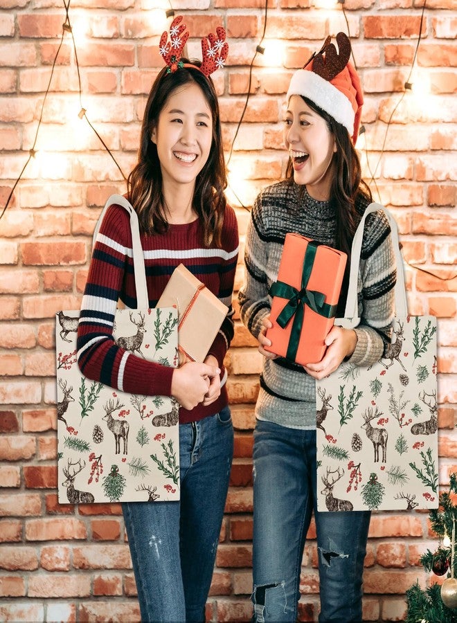 وولاين حقائب تسوق قماشية من Whaline بتصميمات مستوحاة من عيد الميلاد، مزينة برسومات الأيل، ومخاريط الصنوبر، والإبر، والأغصان، والتوت. حقيبة تسوق قابلة لإعادة الاستخدام، مثالية لتغليف وتخزين الهدايا. - Image 5