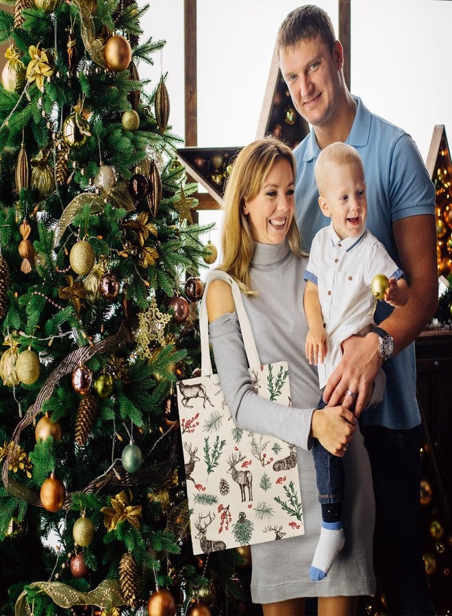 وولاين حقائب تسوق قماشية من Whaline بتصميمات مستوحاة من عيد الميلاد، مزينة برسومات الأيل، ومخاريط الصنوبر، والإبر، والأغصان، والتوت. حقيبة تسوق قابلة لإعادة الاستخدام، مثالية لتغليف وتخزين الهدايا. - Image 4