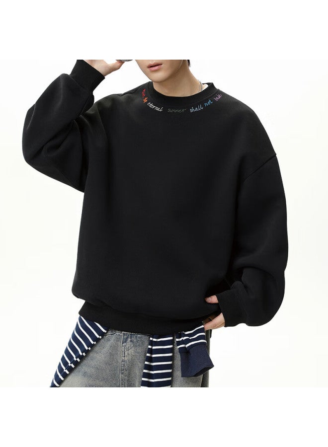 Izexx Embroidered Sweatshirt Men's Spring Crew Neck T-shirt American Style Loose Casual Pullover Long Sleeve Hm59 Black XL - Image 2