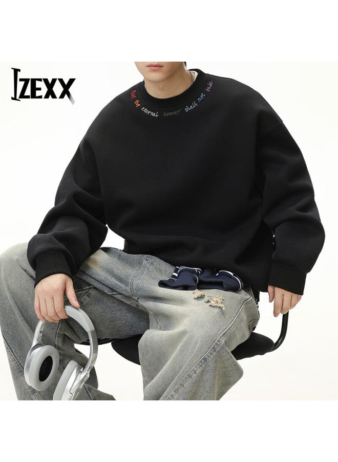 Izexx Embroidered Sweatshirt Men's Spring Crew Neck T-shirt American Style Loose Casual Pullover Long Sleeve Hm59 Black XL - Image 1