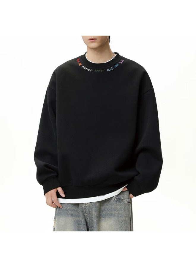 Izexx Embroidered Sweatshirt Men's Spring Crew Neck T-shirt American Style Loose Casual Pullover Long Sleeve Hm59 Black XL - Image 3