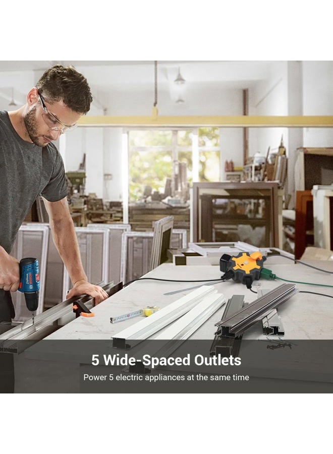 DEWENWILS Industrial Power Strip with 5-Outlet Power Hub, 15FT Heavy Duty Extension Cord for Garage, Workshop, 14/3 AWG SJTW, 15A Circuit Breaker, Swivel Safety Covers, ETL Listed Yellow - Image 4