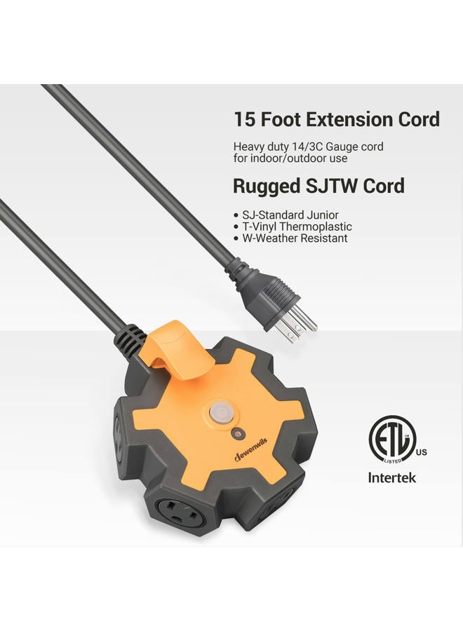 DEWENWILS Industrial Power Strip with 5-Outlet Power Hub, 15FT Heavy Duty Extension Cord for Garage, Workshop, 14/3 AWG SJTW, 15A Circuit Breaker, Swivel Safety Covers, ETL Listed Yellow - Image 2