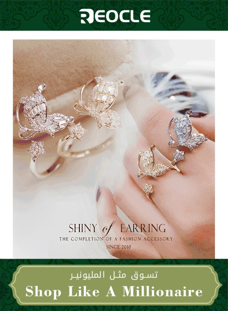 ريوكل خاتم فراشة نسائي متعدد الطبقات مرصع بأحجار الراين خاتم فراشة أنيق على شكل ذيل خاتم إصبع خاتم مفتوح أنيق مجوهرات للنساء والفتيات - Image 1