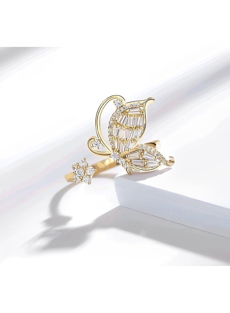 ريوكل خاتم فراشة نسائي متعدد الطبقات مرصع بأحجار الراين خاتم فراشة أنيق على شكل ذيل خاتم إصبع خاتم مفتوح أنيق مجوهرات للنساء والفتيات - Image 2