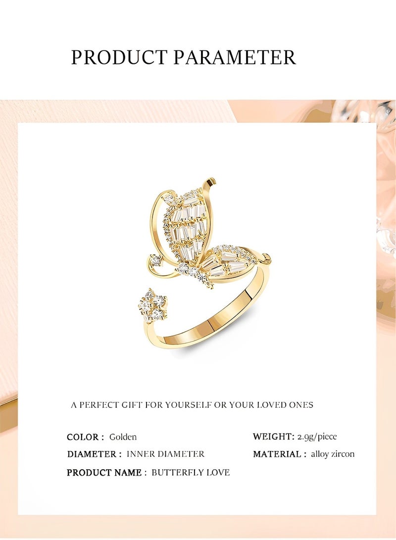 ريوكل خاتم فراشة نسائي متعدد الطبقات مرصع بأحجار الراين خاتم فراشة أنيق على شكل ذيل خاتم إصبع خاتم مفتوح أنيق مجوهرات للنساء والفتيات - Image 3