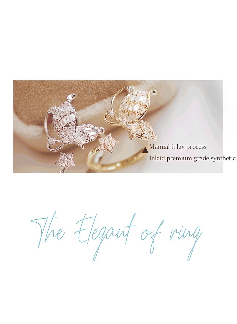 ريوكل خاتم فراشة نسائي متعدد الطبقات مرصع بأحجار الراين خاتم فراشة أنيق على شكل ذيل خاتم إصبع خاتم مفتوح أنيق مجوهرات للنساء والفتيات - Image 4