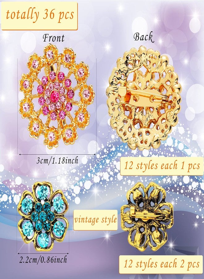 MTLEE 36 Pieces Brooches and Pins for Women Rhinestone Brooches Bulk Crystal Vintage Decorative Flower Lapel Pins Mixed Color Costume Jewelry Retro for Wedding Party Bouquet Crafts Kit Gifts - Image 2